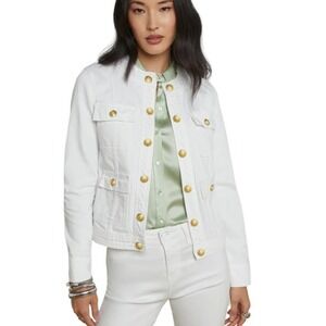 L'Agence Yari Collarless White Denim Jacket Gold Embossed Dome Buttons Large